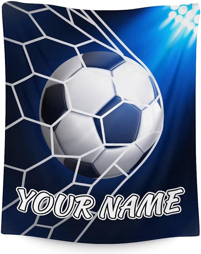 Personalized Soccer Blanket for Boys and Girls - 40x50 Inches Small Size - Soft Fuzzy Cozy Throws Gift for Soccer Team - Blue Sports Throw Blanket for Couch, Living Room & Office