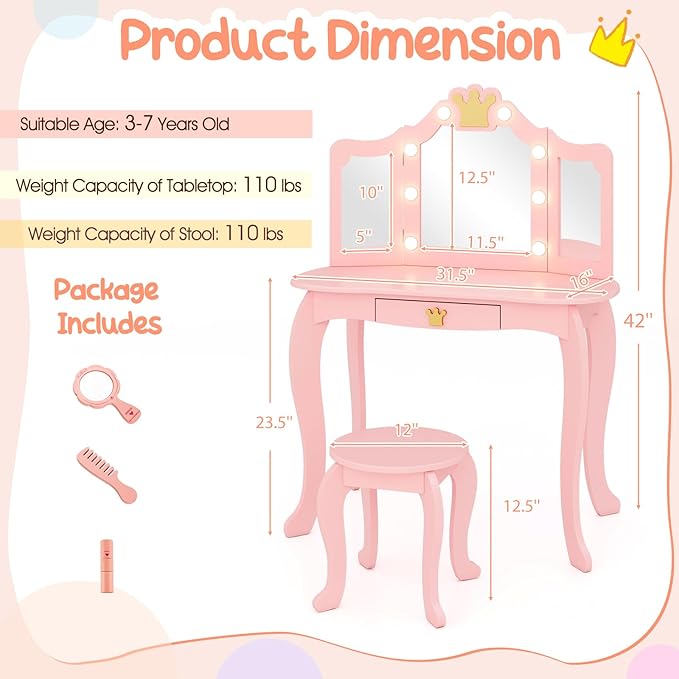 Costzon Kids Vanity with Lights, Girls Vanity Set with Mirror and Stool, Drawer, 2 in 1 Princess Makeup Desk Dressing Table, Kids Vanity Table and Chair Set (Pink)