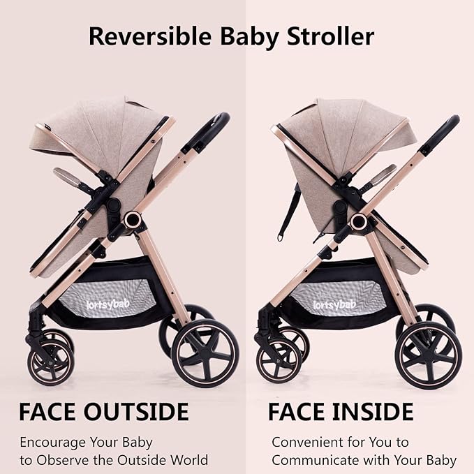 2-in-1 Baby Stroller - Folding Infant Newborn Pram Stroller with Reversible Seat - Toddler Strollers for 0-36 Months Old Babies (Beige)