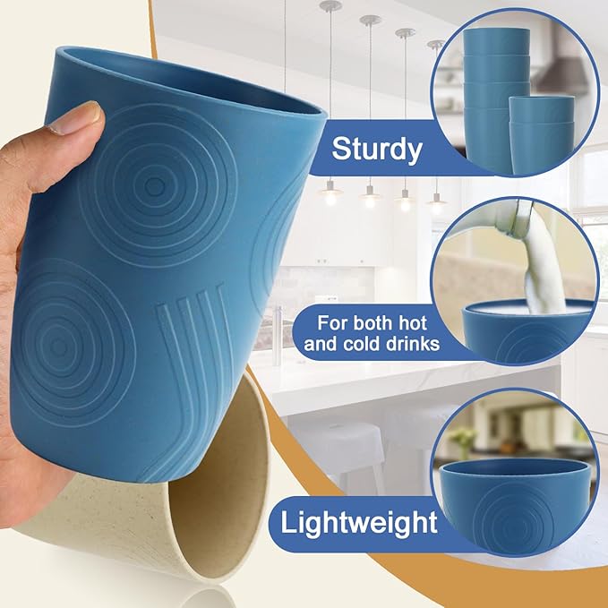 Drinking Glasses Wheat Straw Cups Alternative to Plastic Cups 16 OZ - Unbreakable Cup Set of 6 Reusable Drinking Cup Plastic Glasses Tumbler Dishwasher Safe Cups for Kitchen - Blue