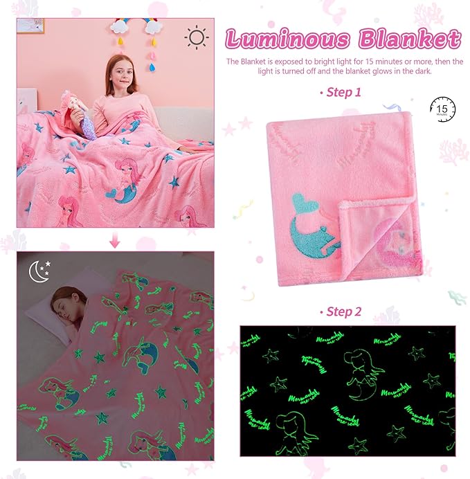 QSTEHEML Mermaid Gifts Toys for Girls Kids,Glow in The Dark Blanket Birthday Christmas Soft Luminous Throw Blanket for Age 3-12 Years Old Toddler Teens Child Daughter 50"x60"
