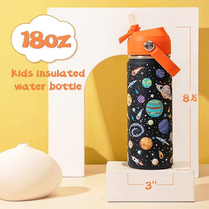 18oz Kids Insulated Water Bottle with Straw Lid - 18/8 Stainless Steel Kid Cup BPA-FREE Travel Tumbler Double Wall Vacuum Leak Proof Portable Toddler Water Bottle (Space)
