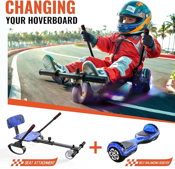 Scooter with Seat Attachment for Kids Adults, 6.5'' 8.5''Balancing Scooter with Bluetooth Speakers & Colorful LED Light with Kart