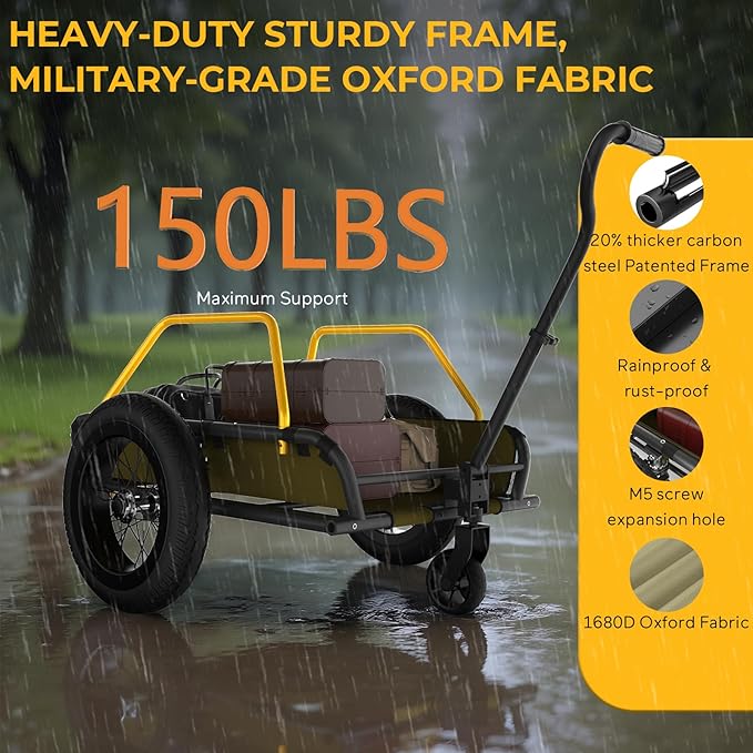 2 in 1 Bike Cargo Trailer and Wagon Cart, Bike Trailer with 360°Swivel Caster, Supports up to 150 lbs, Detachable Bicycle Trailers with 16"×3" Fat tire, Quick Release Wheel & Double Suspension