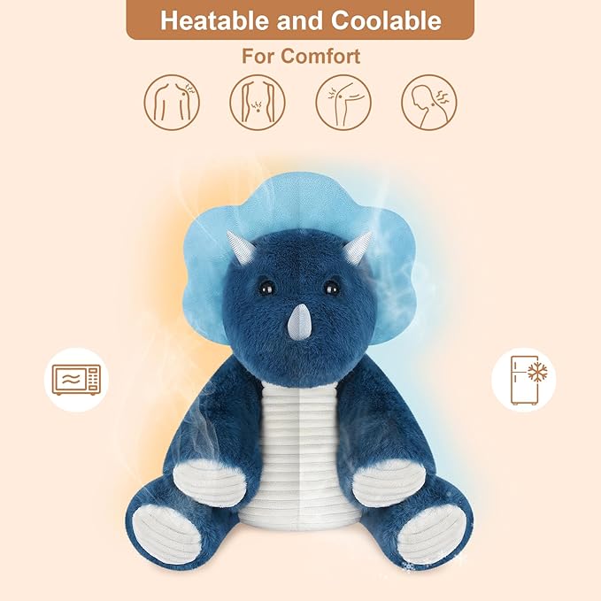 Microwavable & Coolable Triceratops Dinosaur Stuffed Animals, Heated Stuffed Animal Heating Pads for Soothing & Relaxation, Navy Blue Dino Plush for Stress Relief, Plushies Dinosaur Gifts