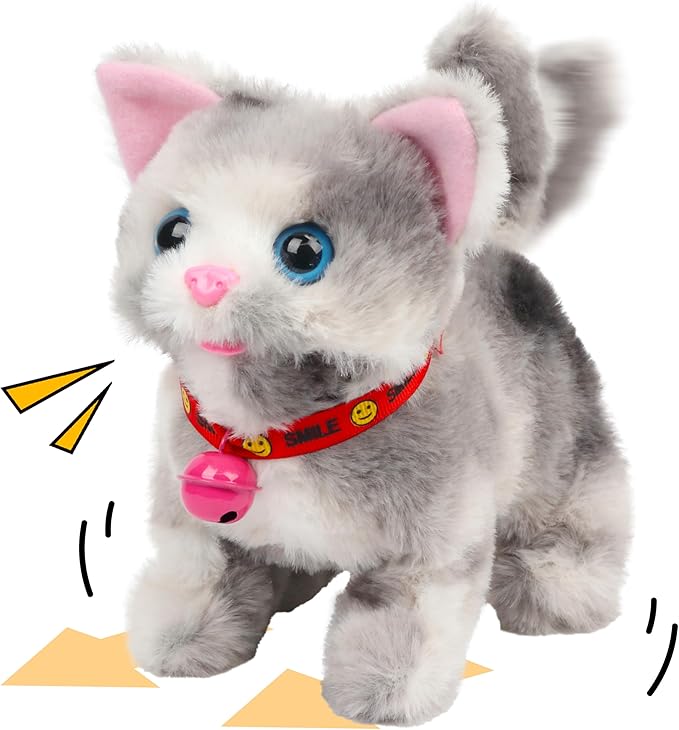 Cuteoy Walking Grey Cat Stuffed Animal Talking Wagging Nodding Educational Plush Kitty Toy Electric Interactive Animated Plushies for Girls Boys Birthday, 7"