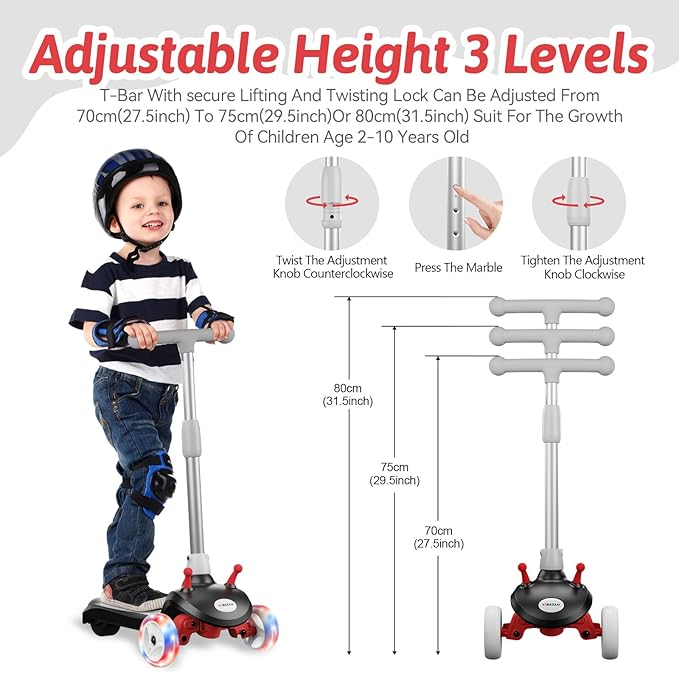 Electric Scooter for Kids Ages 3-8, 3 Wheel Kids Electric Scooter with LED Light-up Wheels, 3 Height Adjustable, C-Shaped Handle, Lean-to Steer Design, Best Children's Gifts