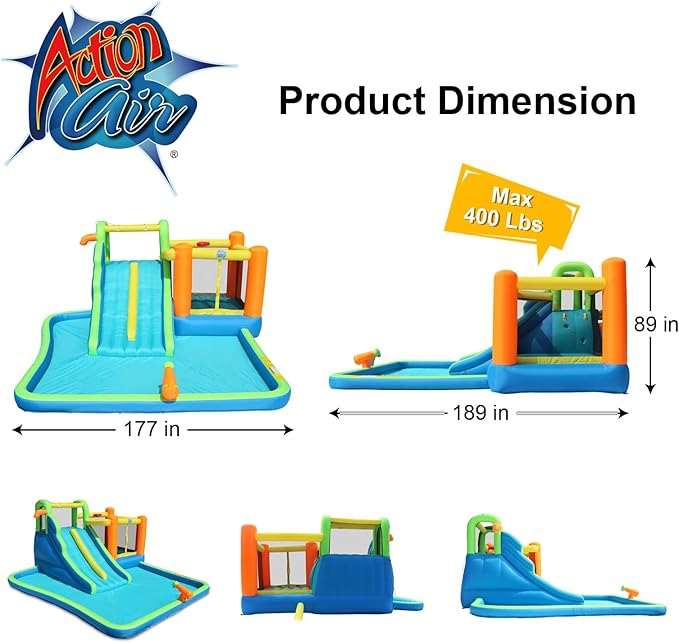 Action Air Water Slide, 7-in-1 Inflatable Bounce House with Large Pool, Extra Bouncing Area with Basketball Hoop, Large Bouncy Area 64x62 inch, Double Slide with Water Spray for More Fun