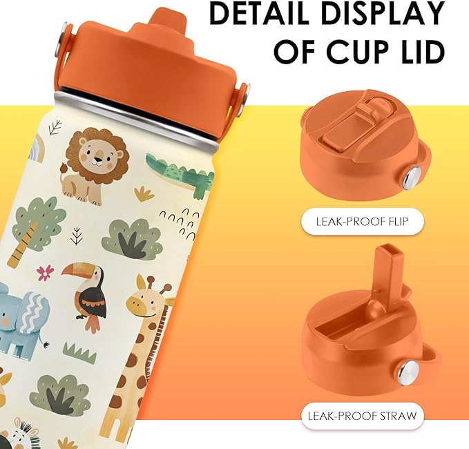 16oz Kids Wild Animal Water Bottle with Straw Lid, Stainless Steel Insulated Tumbler, Leakproof, BPA-Free, for Boys & Girls, Travel - Forest Friends Nature Lovers Birthday Gift Cup (1pc)
