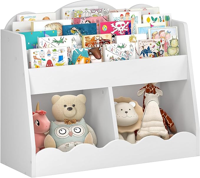 Kids Bookshelf and Toy Storage, Children's Bookcase with 2 Toy Cubes, Toddler Book Shelf for Kids Room, Wooden Book Organizer, for Playroom, Nursery, Living Room, White MCW15WB
