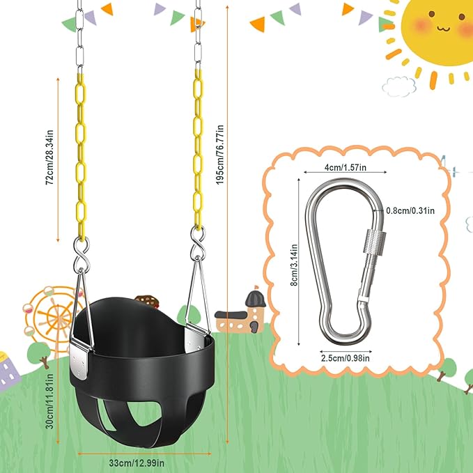 AGPTEK High Back Full Bucket Toddler Swing Seat with Yellow Coated Swing Chains and Carabiners Baby Swing Outdoor for Easy Install (Black)