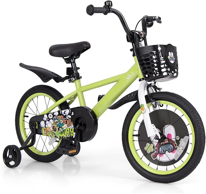 BABY JOY Rabbit Pilot Sporty Kids Bike, 12 14 16 18 Inch Child Bike for 3-8 Years Old with Adjustable Height, Training Wheels, Storage Basket, Handbrake & Coaster Brake, Kids Bicycle for Girls Boys