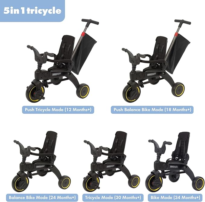 5-in-1 Compact, Foldable Tricycle - Suitable for Toddlers 10 to 36 Months Push Tricycle Bike for Toddlers with Removable Handle Seat Adjustable Canopy for Kids