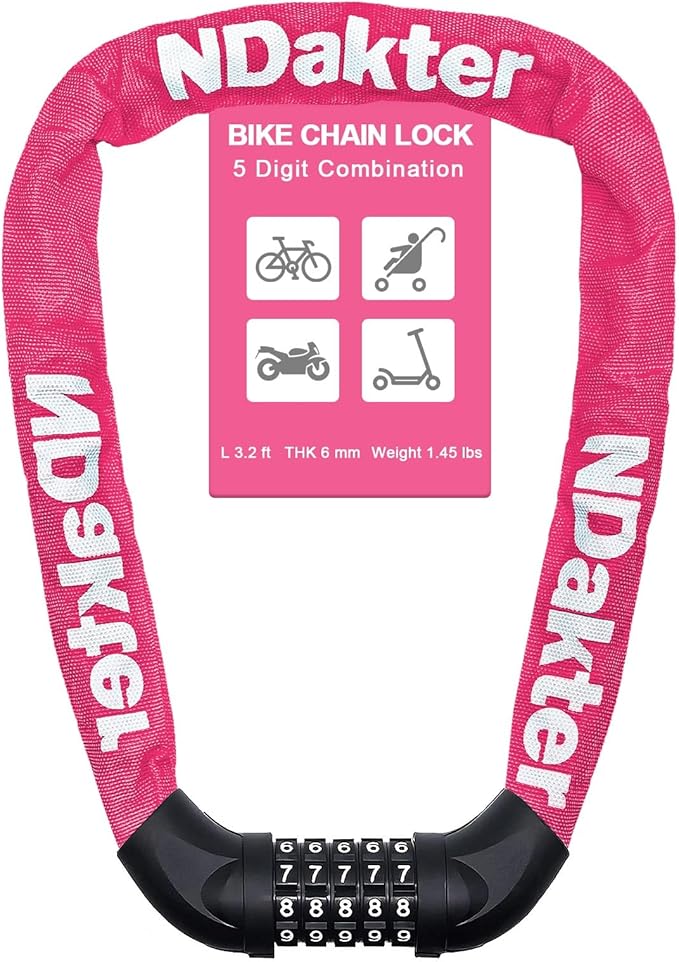 NDakter Bike Chain Lock, 5 Digit Combination Heavy Duty Anti Theft Bicycle Chain Lock,2.62/3.2/4.27/5/6Ft Long Security Resettable Bike Locks for Bike, Bicycle, Scooter, Door, Gate, Fence-4/6mm Thick