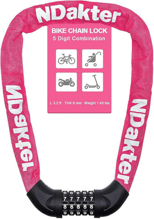 NDakter Bike Chain Lock, 5 Digit Combination Heavy Duty Anti Theft Bicycle Chain Lock,2.62/3.2/4.27/5/6Ft Long Security Resettable Bike Locks for Bike, Bicycle, Scooter, Door, Gate, Fence-4/6mm Thick