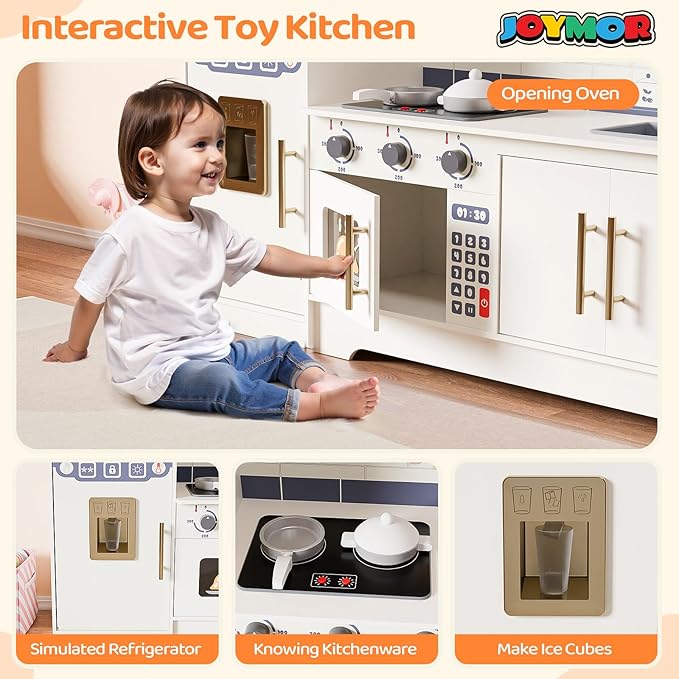 JOYMOR Kids Wooden Play Kitchen Sets, New Modern Children's Wooden Toy Kitchen w/Refrigerators & Ample Play Kitchen Accessories, Ideal Pretend Playset Gift for Toddlers