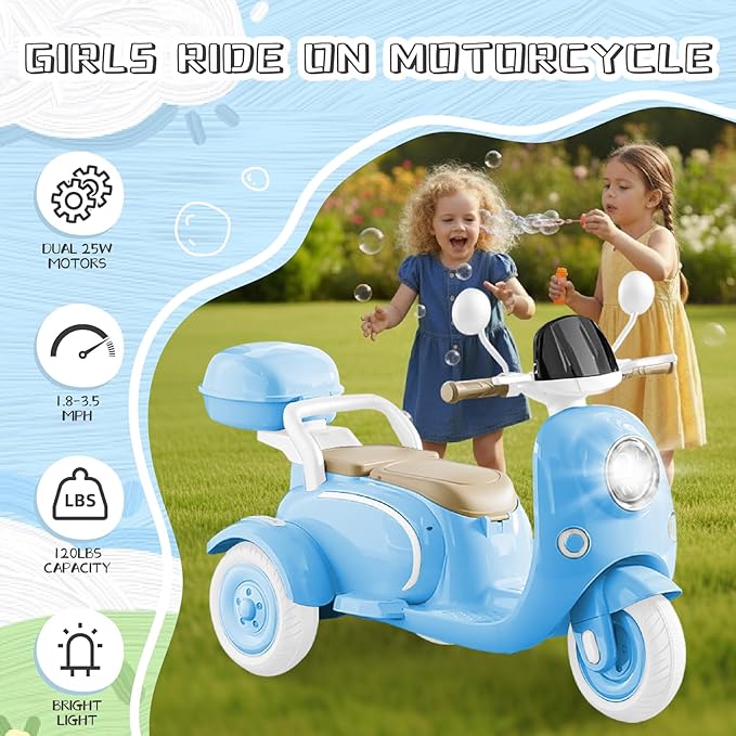 HEIMILI Kids Electric Motorcycle,Electric Scooter for 3 Year Old, Girls Toy, 3-Wheel 12V Ride On Scooter for Kids with Storage Compartments, Motorcycle for Girls (Blue)