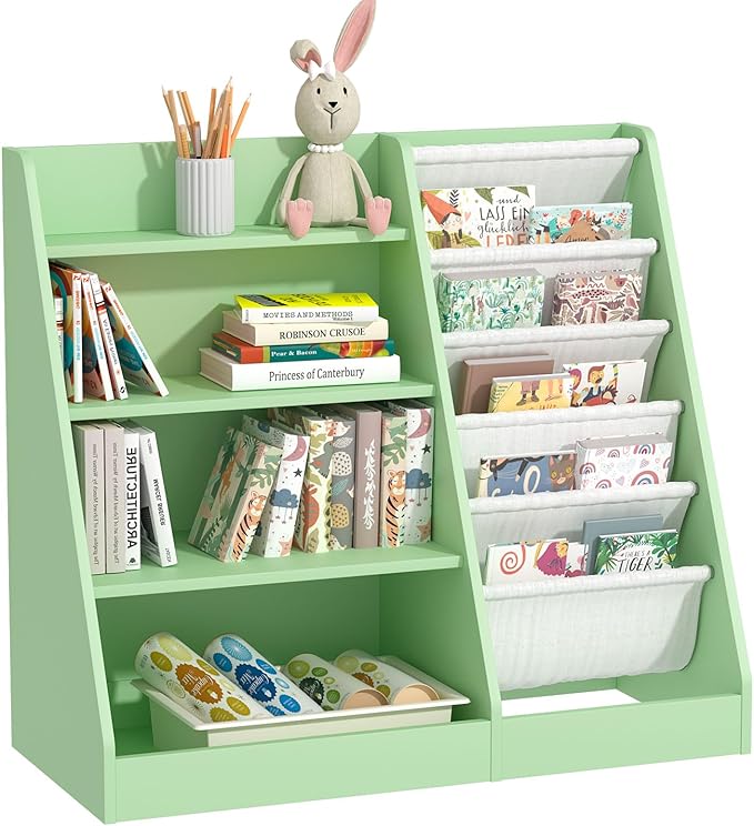 Kids Bookshelf Toddler Bookcase Children Book Rack Baby Toy Storage Organizer Child Book Display Shelf 4-Tier 5 Layer Sling Cabinet Chest Playroom Bedroom Classroom Library Green