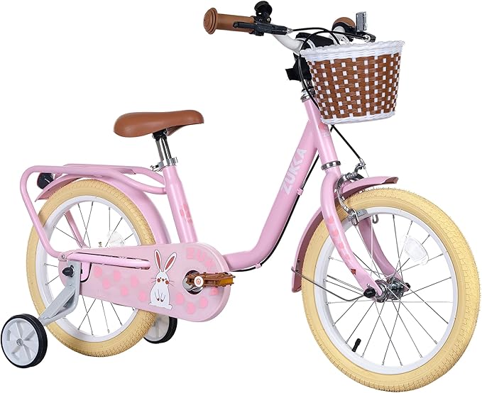 MEGHNA 16 inch Kids Bike Low - Step Through Frame Bike with Detachable Training Wheels Basket Adjustable Seat with Bell C Brake and Band Brake for 4-7 Years Old Child Boys Girls, Easy Ride