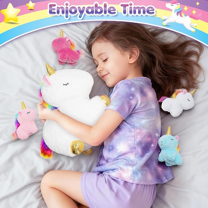 KIZZYEA Toys for Girls Ages 0 1 2 3 4 5 6 7 8+ Years, Unicorn Plush Toys Set, Soft Unicorn Mommy Stuffed Animal with 4 Baby Unicorns in Her Tummy, Birthday for Baby, Toddler, Kids