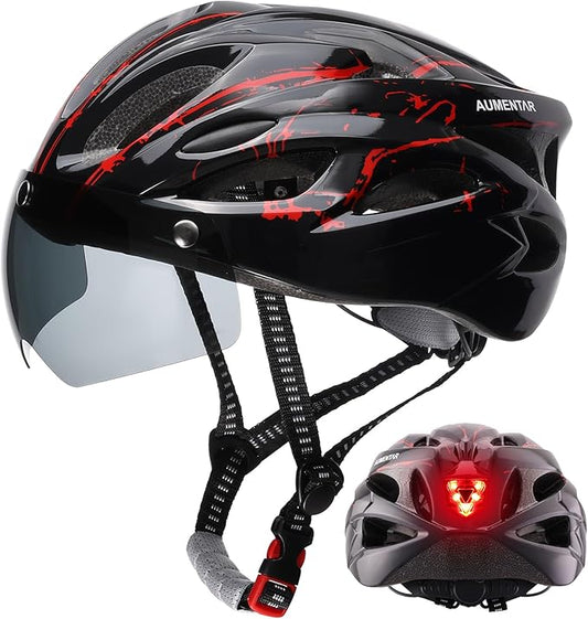 Adult Bike Helmet, Bicycle Helmet with Rear LED Light & Detachable Magnetic Goggles, CPSC/CE Certified Cycling Helmet Adjustable for Men Women Mountain & Road
