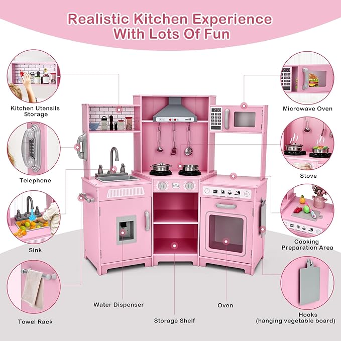 JOYLDIAS Kids Play Kitchen,Corner Wooden Pretend Toddler Kitchen Toys Playset with Realistic Lights & Sounds,Microwave Oven,Water Dispenser, Phone, Sink,Cooking Accessories, for Ages 3+, Pink