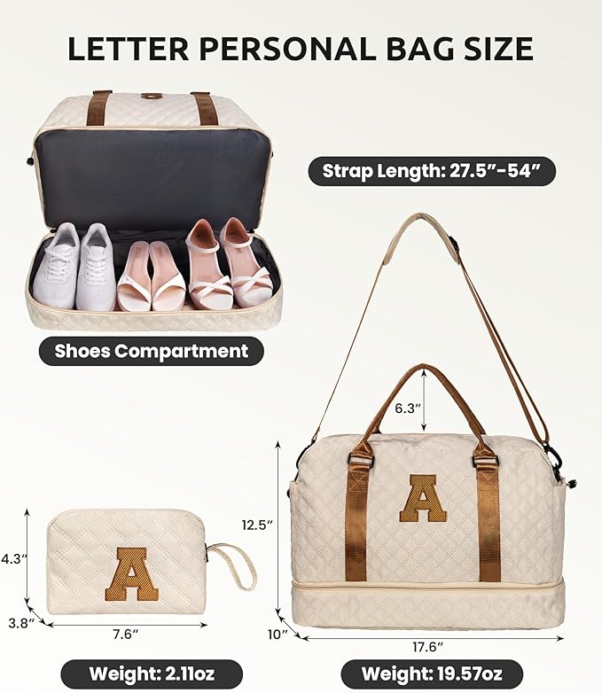 Girls Duffle Bag with Shoe Compartment, Personalized Letter Monogram Travel Bag for Women