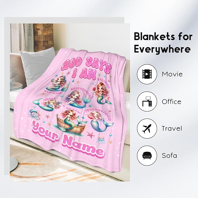 Personalized Mermaid Blanket for Girls, Custom Name Gift, God Says I Am Blanket, Cute Fleece Fuzzy Throw, 60"x80