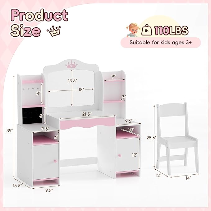 Kids Vanity, Girl Vanity Set with Storage Cabinet & Open Shelf, 2 In 1 Kids Vanity Table and Chair Set with Jewelry Storage, Princess Toddler Makeup Vanity with Mirror for Little Girls (White)