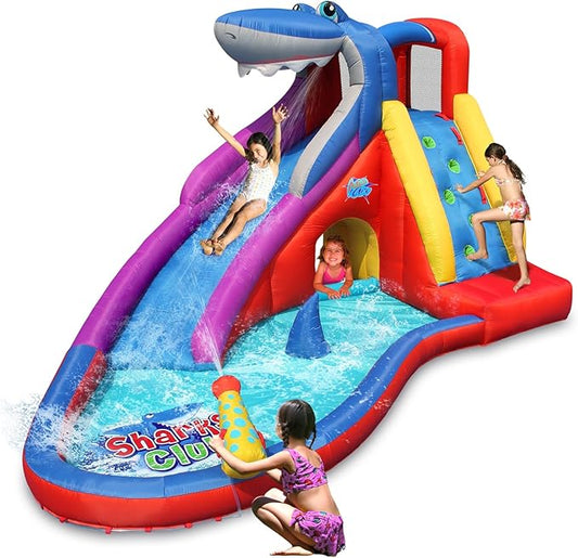 ACTION AIR Inflatable Water Slide, Red Shark Bounce House with Slide for Wet and Dry, Playground Sets for Kids Backyard, Water Spray, Water Pool, Durable Sewn with Extra Thick Material