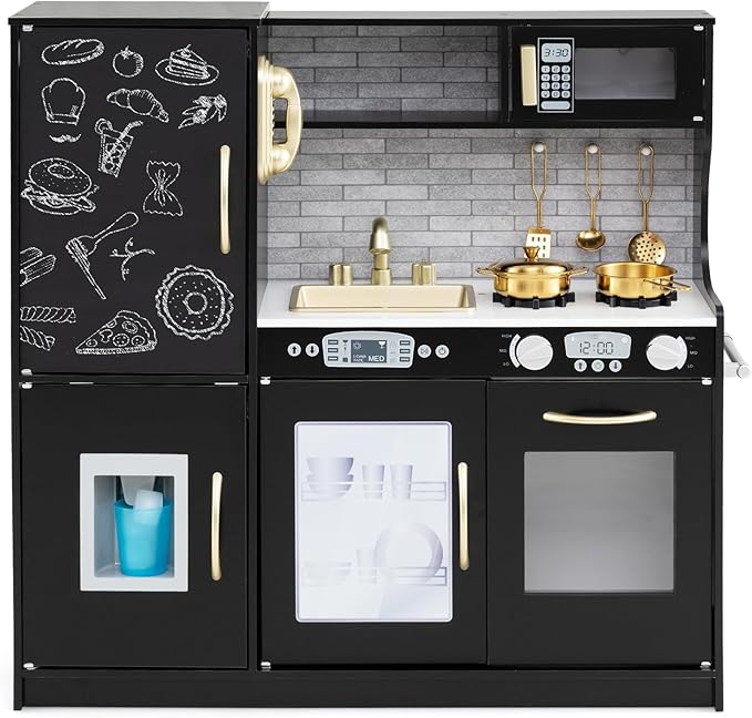 Costzon Kids Kitchen Playset, Wooden Pretend Cooking Toy Set w/Real Sound, Large Blackboard, Telephone, Microwave, Ice Maker, Dishwasher, Oven, Storage Space, Play Kitchen for Kids Ages 3+ (Black)