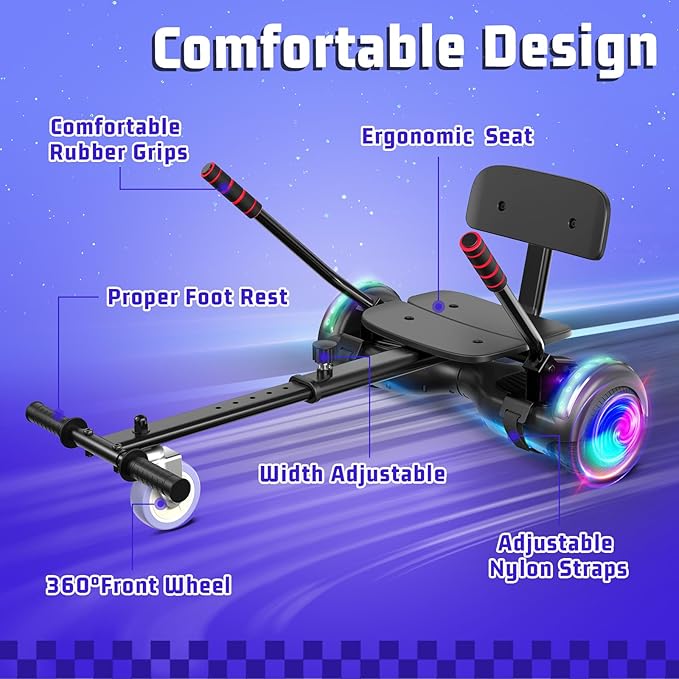 Scooter with Seat Attachment for Kids Adults, 6.5'' 8.5''Balancing Scooter with Bluetooth Speakers & Colorful LED Light with Kart