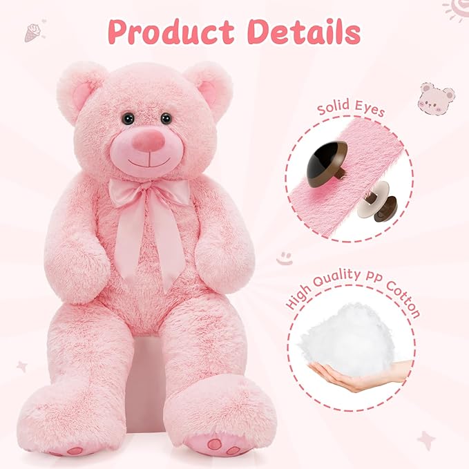 MorisMos Big Teddy Bear Stuffed Animal 36 inch, Large 3ft Teddy Bear Plush Toy, Big Stuffed Bear Gifts for Kids, Girls, Girlfriend, Women on Baby Shower, Valentine, Christmas, Birthday (Pink)