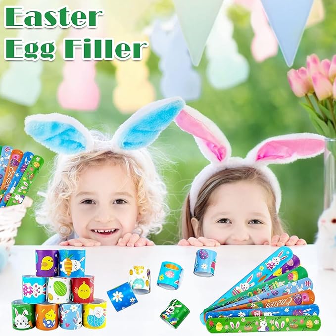 100Pcs Easter Slap Bracelets, Easter Basket Stuffers Party Favors Snap Wristbands for Kids Egg Fillers Gifts Exchange Gifts, Egg Hunt Event, Classroom Prizes, School Supplies