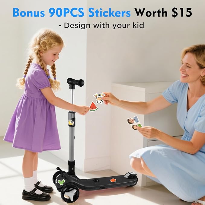 3 Wheel Electric Scooter for Kids Ages 3-12, w/Full Body Lights Up, DIY Stickers, 3 Adjustable Heights, 5Mph Safe Speed, 90min Riding, BLISSRIDE Foldable Kids Electric Scooter for Boys & Girls