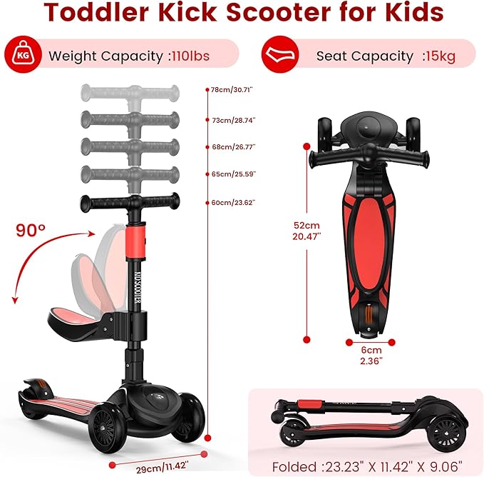 2-in-1 Adjustable Kick Scooter for Kids 3-5 (Suitable 3-12 Years),5-Level Handlebar & Removable Seat, LED Light-Up Wheels, Wide Deck, Foldable Design for Indoor/Outdoor Use - Girls & Boys
