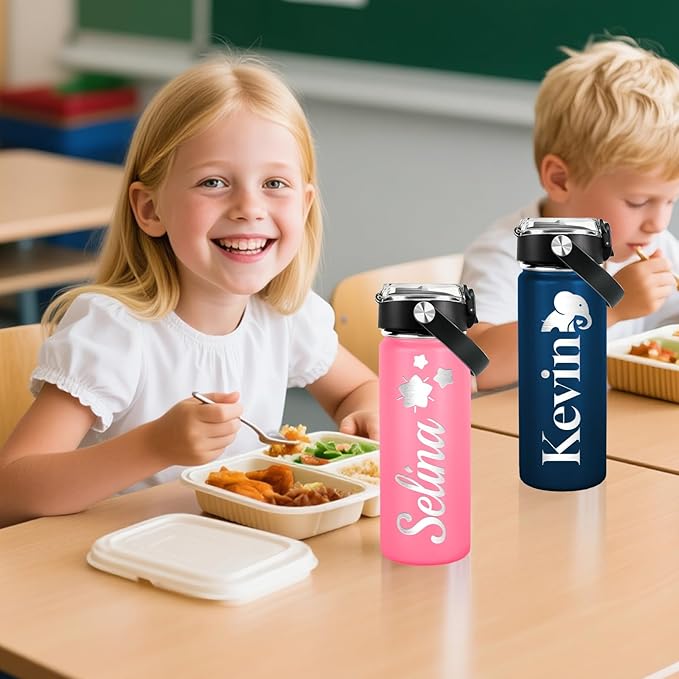 Personalized Kids Water Bottle with Name for School - Custom 18oz Water Bottle with Straw Lid Stainless Steel w/Engraved Names - Personalized Christmas Kids Gifts for Boys Girls kids (Engraved)