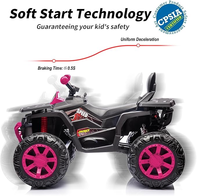 12V Kids 4 Wheeler ATV, 2-Seater Electric ATV Four Wheeler for Big Kids with Bluetooth, 14.4" Big Wheels - Rose Pink