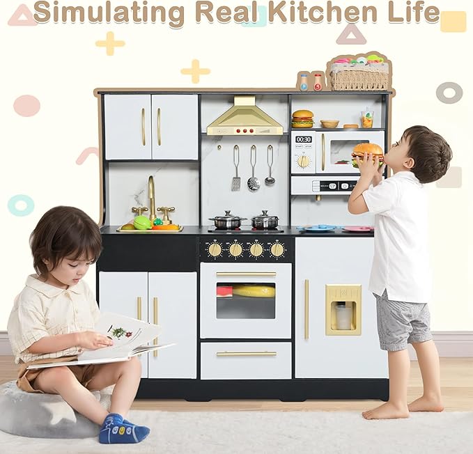 Kids Kitchen Playset, Wooden Play Kitchen with Toy Storage System, Pretend Play Kitchen Set Toy with Range Hood, Ice Maker & Coffee Maker, for Kids Ages 3+, Black