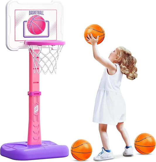 Toddler Basketball Hoop Indoor for Age 1-3, Height Adjustable Poolside Basketball Hoop with 3 Balls, Mini Basketball Hoop Sport Toys Birthday for Toddler Girl 1 2 3 4 Year, Pink