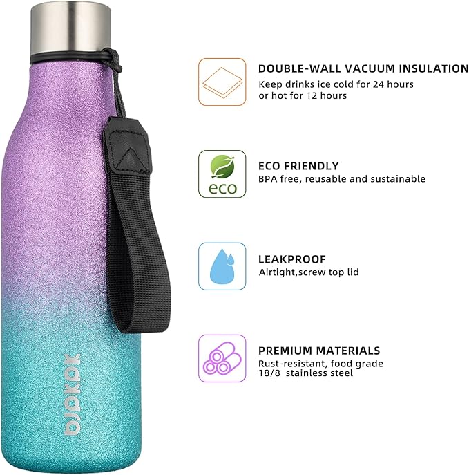 BJPKPK Insulated Water Bottles, 18 oz Stainless Steel Metal Water Bottle with Strap, BPA Free Leak Proof Thermos,Mugs,Flasks, Reusable Water Bottle for Sports & Travel,Sparkling Purple Green