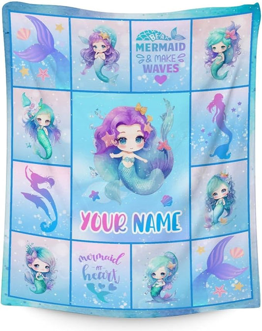 Personalized Mermaid Blanket with Name - Soft, Fuzzy & Warm - 60"x80" Twin Size Blanket for Bed, Couch & Living Room - Blue Cute Throw Gifts for Girls