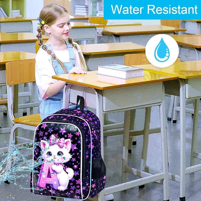 CCJPX 16" Cat Backpack for School, 3Pcs Girls Kids Bookbag with Lunch Box, Water Resistant Elementary School Bag for Kindergarten Preschool Toddler (Black)