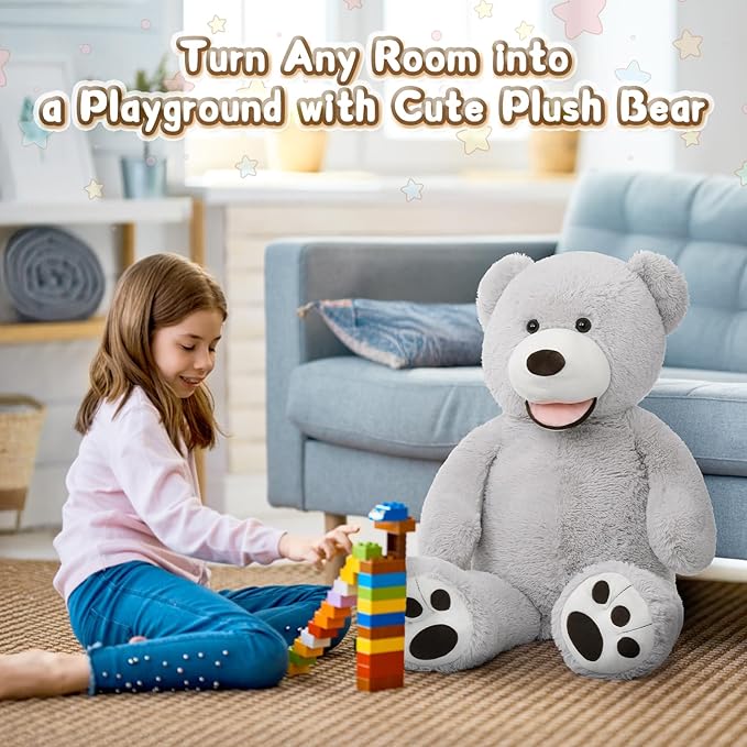 MorisMos Giant Teddy Bear, 39inch Large Stuffed Bears with Big Footprints Plush Stuffed Animals Gifts for Kids, Gray