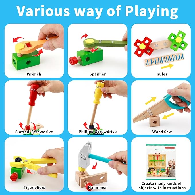 Kids Tool Set Wooden Toddler Play Tools Set with Tool Box, Montessori Educational Learning Toys STEM Construction Building Toy for 3 4 5 6 7 8 Years Old Kids Birthday Gifts for Boys and Girls