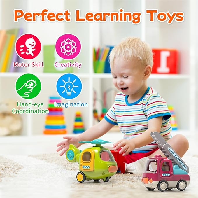 Baby Toys Push Cars for 1 2 3 Year Old 2 Pack Friction Powered Airplane Fire Trucks for Toddlers 1-3 Lights and Musical Toys for 1 Year Old First Birthday Gifts for Toddler