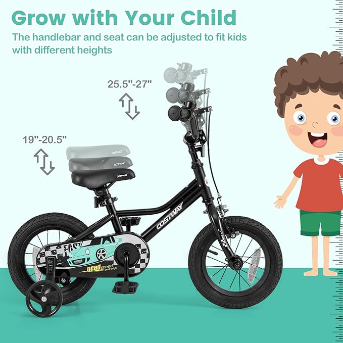 COSTWAY 12/14/16/18 Inch Kids Bike, Boys & Girls Training Bike w/Removable Training Wheels, Pneumatic Tires, Adjustable Handlebar & Seat, Dual Brake System, Children Toddler Bicycle for 3-8 Years Old