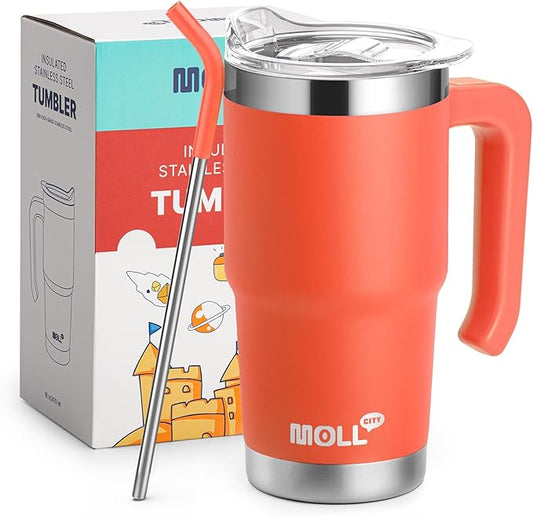 Kids Tumbler-16 oz Stainless Steel Double Wall Vacuum Insulated Tumbler Cup with Lid and Straw Travel Coffee Mug with Handle(Orange)