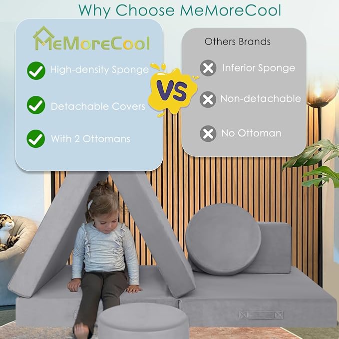 MeMoreCool Kids Modular Play Couch – Compact Foam Explorer Sofa for Toddlers, Grey | Fold-Out Fort Building Blocks, Washable Covers, Ideal for Small Spaces & Playrooms