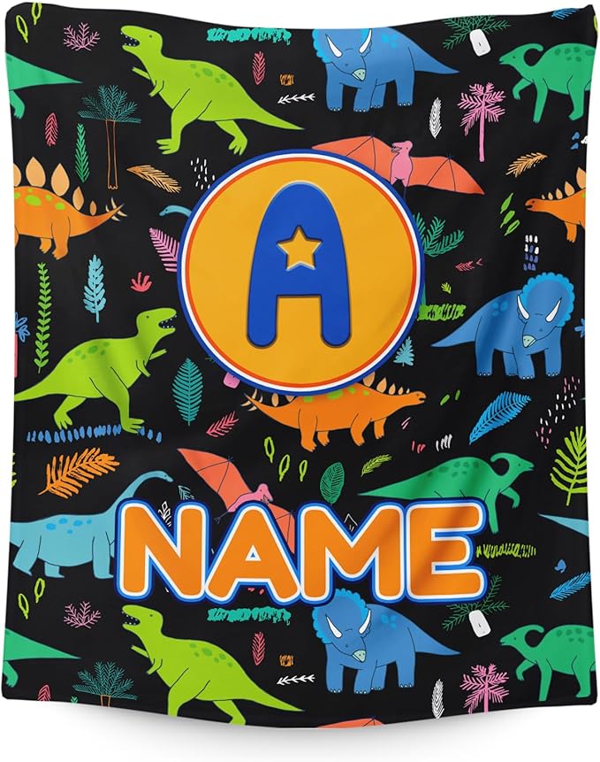 Blankets for Boys Personalized Monogram Throws Gifts, Custom Name Soft Cozy Cute Dinosaur Blanket for Kids Toddlers Teens Accessories Decor for Sofa Couch Bedroom Living Room Home